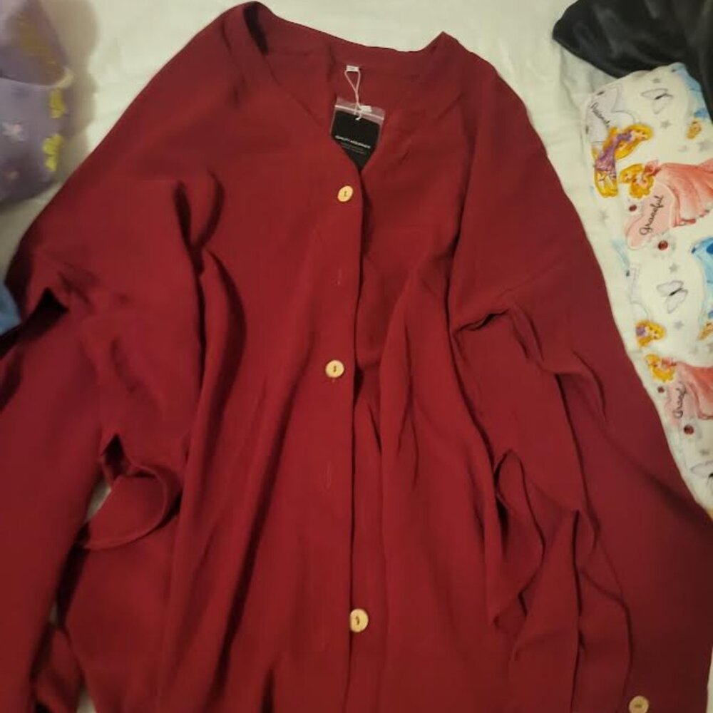 Womens Deep Self Burgundy Button-Up Shirt Size M